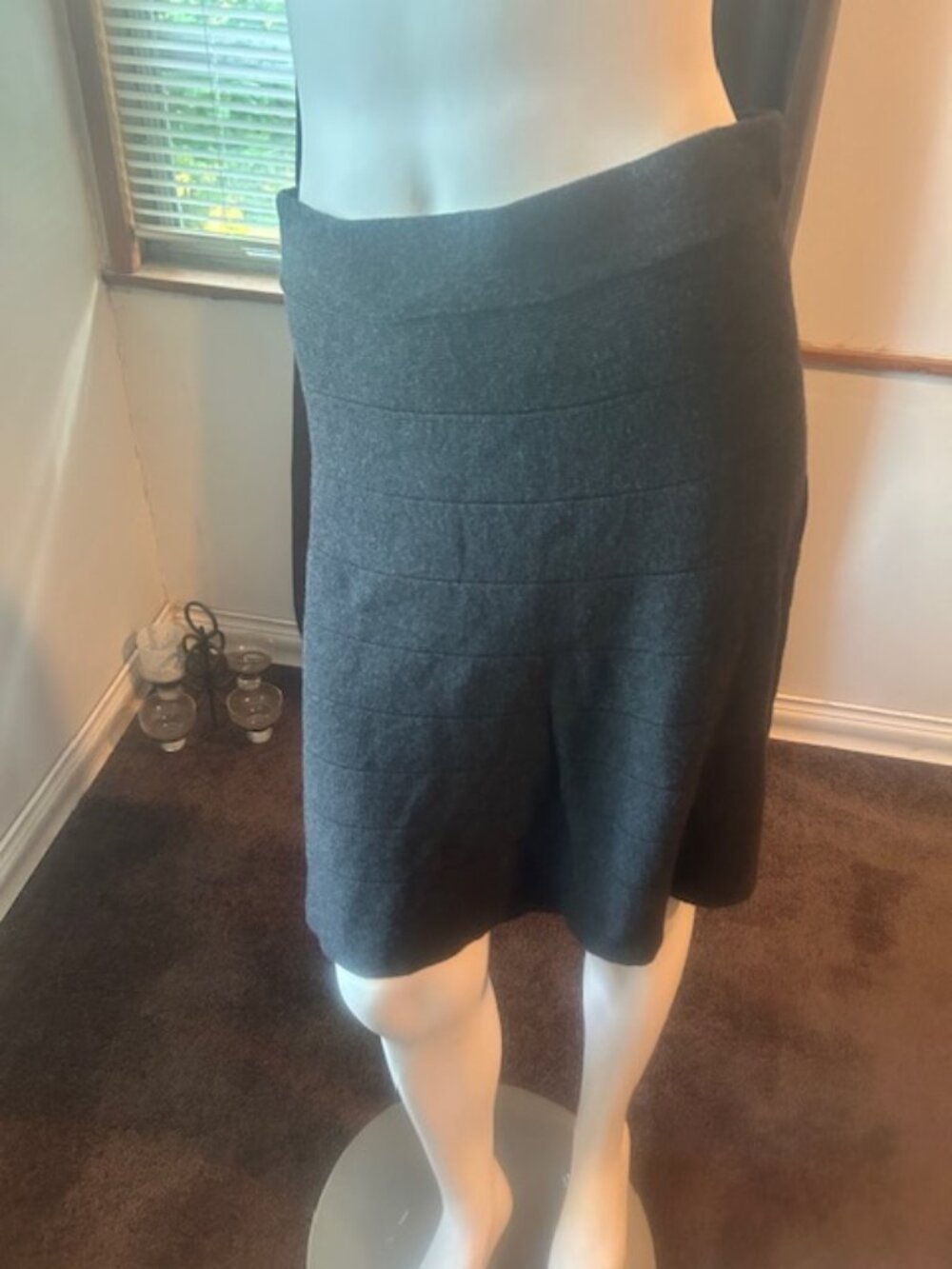 Max Studio Gray wide waist band knit texture weave pull up midi skirt